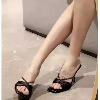 High-heeled cool slippers 2025 summer new purple satin rhinestones with sandals women s bow open-toed outer wear 35