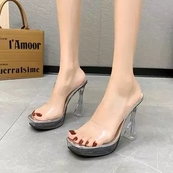 High-heeled cool slippers women s 2025 summer new large-size transparent crystal stiletto slippers shoes 34 серебряный