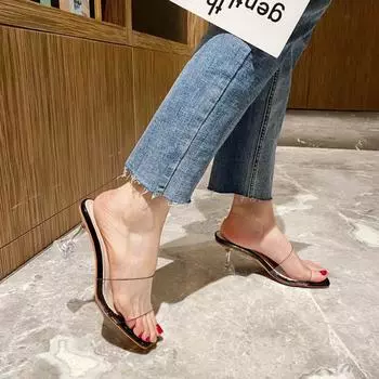 High-heeled crystal and slippers women s half-drag summer new one-word with transparent thick-heeled sandals 801-1 35 чёрный