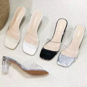 High-heeled crystal and slippers women s foreign trade 2025 new high-heeled sandals with one-word transparent belt Korean version 832-1 35 чёрный