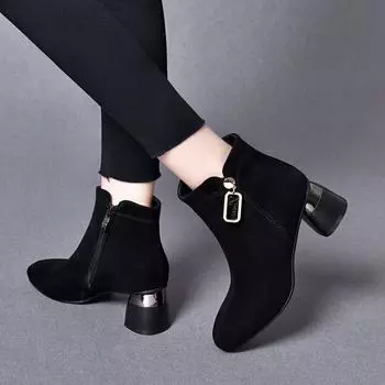 High-heeled fashion boots women s new black sheepskin square buckle thin boots short boots women s leather boots 34