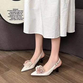 High-heeled French temperament pointed flower black bag head sandals women s shoes spring and summer 2024 new empty single shoes 34 чёрный