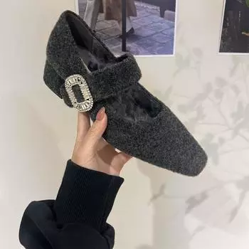 High-heeled Mary Jane fluffy shoes women s shoes 2025 with skirts, evening shoes, velvet rhinestone single shoes 35
