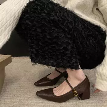 High-heeled Mary Jane shoes pointed-toed shallow mouth spring 2025 new thick heel with skirt temperament single shoes women s shoes 35 чёрный