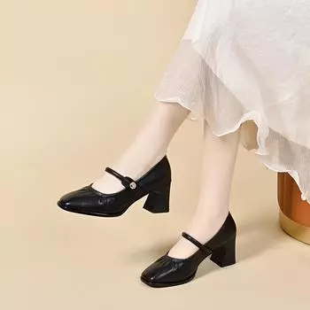 High-heeled Mary Jane shoes women s spring and summer simple temperament word with light mouth thick heel single shoes sheepskin women s fashion shoes 34