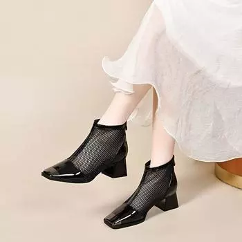 High-heeled mesh single shoes women s spring new iron bag head square head thick heel net boots rear zipper cool boots 34