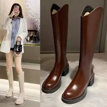 High-heeled niche brown long knight boots slim women s shoes 2025 new spring, autumn and winter medium tube V-mouth long boots 35