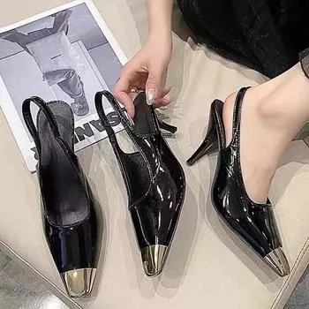 High-heeled patent leather shoes 2025 new summer sexy square head thin heel metal iron head empty bag head sandals women s European and American style 35