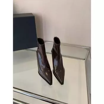 High-heeled pointed short boots, new thin-heeled splicing bare boots in autumn and winter of 2024, thin boots, retro brown short boots 35 коричневый