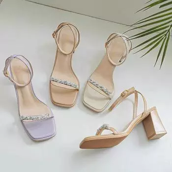 High-heeled sandals female 2024 new summer fairy style pearl one-word buckle square head open-toed thick-heeled high heels 34