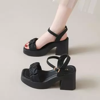 High-heeled sandals female 2025 summer new fairy style with skirt French platform non-slip word with beach sandals 35 чёрный