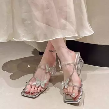 High-heeled sandals for women s outer wear 2024 summer new rhinestone bow with women s thick heel Korean version cool slippers 35 серебряный