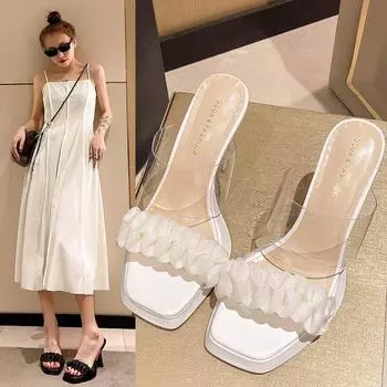 High-heeled sandals girl 2025 new summer outer wear fairy wind transparent crystal and waterproof table thick-heeled cool slippers 35