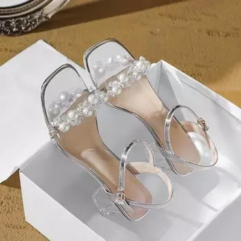 High-heeled sandals new pearl square head transparent thick-heeled sandals lady pearl buckle sandals 35