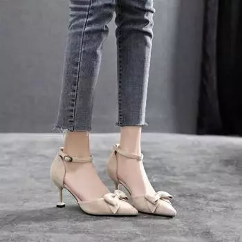 High-heeled sandals niche design sense bow one-word buckle high-heeled shoes fairy fairy single shoes summer new 34 чёрный