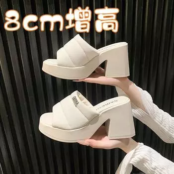 High-heeled sandals women s 2024 summer new Korean version thick heel one-word drag small man increases height versatile outer wear cool slippers 35 чёрный