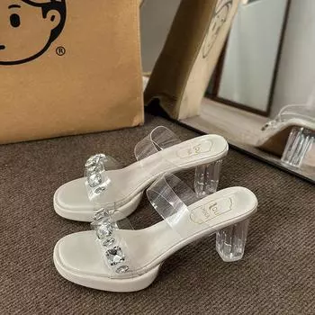 High-heeled sandals women s new summer wear transparent rhinestone thick-soled sexy crystal thick-heeled sandals 35