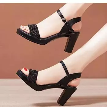 High-heeled sandals women s new summer temperament one-word buckle sandals women s thick-heeled model catwalk women s shoes 35