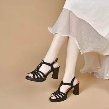 High-heeled sandals women s summer new open-toed hollowed-out Roman shoes Gypsy hot diamond fish mouth sandals fashion shoes 34