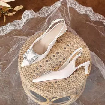 High-heeled sandals women s summer new rhinestone one-word with rhinestone square buckle high-heeled shoes low-heeled shallow-mouth bag he 34 чёрный