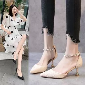 High heeled shoes new cloth face pointed fashion diamond one line buckle thin heel professional women s shoes single shoe 34 бежевый