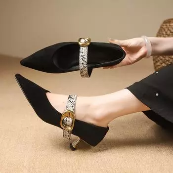 High-heeled Shoes Women Shallow Mouth and Pointed Toe Snake Pattern Buckle Retro Gold Stiletto Heels for Women with Temperament 35 чёрный