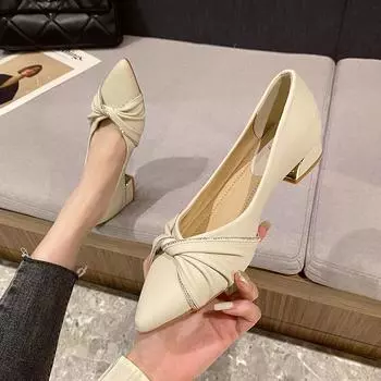 High-heeled single shoes spring and autumn new French gentle retro medium thick heel pointed head shallow mouth small fragrant shoes 896-228 34 чёрный