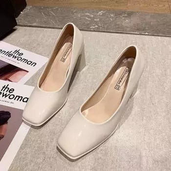 High-heeled single shoes women s spring and autumn models mid-heeled retro square head thick-heeled shoes gentle fairy soft leather grandma shoes 34