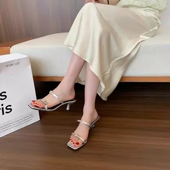 High-heeled slippers for women s outer wear 2025 summer new square head open-toed way one-word strap sandals for women s high heels for women s shoes 35 чёрный