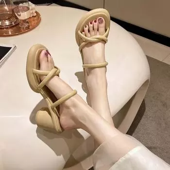 High-heeled slippers outer wear women s summer 2025 new Korean version thick heel fashion retro word Roman drag ins tide 35 имбирный