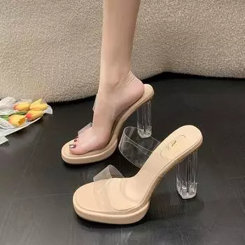 High-heeled slippers women 2025 transparent wind word with PVC outer wear fashion high-heeled sandals slippers ladies 35