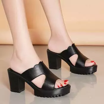 High-heeled slippers women s summer outer wear fashion 2025 new thick heel soft leather soft bottom non-slip thick bottom fish mouth cool slippers wom 35 чёрный