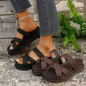 High-heeled slippers women s summer outer wear 2025 new fashion temperament heightened slope heel one-word drag outer wear thick-soled cool slippers 36 чёрный