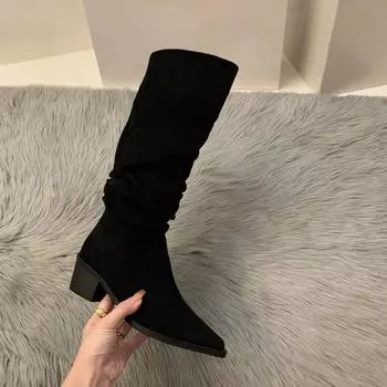 High-heeled suede western medium boots women s shoes 2024 new autumn and winter velvet pointed pile long tube knight boots 35 чёрный