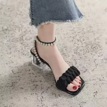 High Heeled Women s Summer 2025 New Style Square Toe Low Heel Straight Strap Slippers Square Buckle Rhinestone Toe Cap Cool Slippers for Women 35 чёрный
