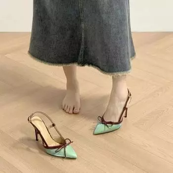 High heels 2024 women s new French temperament pointed head empty bow word with sandals wear bag head single shoes 34