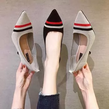 High heels female Internet celebrity shoes female 2025 new versatile Korean version knitted color matching light mouth shoes stiletto women s shoes 35 чёрный