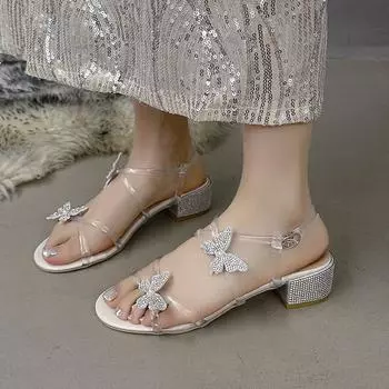 High heels female summer 2025 new fairy wind rhinestone bow round head open toe thick heel versatile sandals female 34