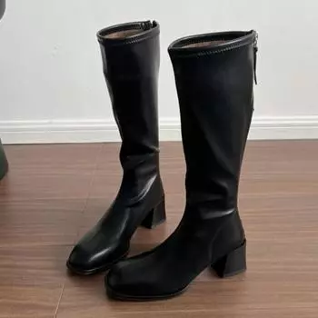 High Heels Knee Women High Boots Fad Square Toe Chunky Elegant Leather Shoes 2024 Trend Party Office Shoes Winter Botas Mujer 35 чёрный