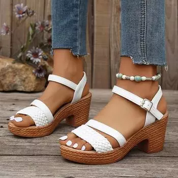 High Heels Sandals Women Summer Fashion Ankle Buckle Platform Sandals Woman Plus Size 42 Weava Thick Heel Gladiator Sandalias 36 чёрный