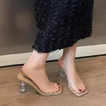 High heels slippers transparent crystal heels high heels square head lightweight high heels sandals women wear high heels cool slippers in summer 35