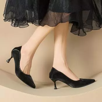 High heels spring and autumn women s pointed thin heels French small heels with skirt light mouth beige single shoes 666-121 34 чёрный