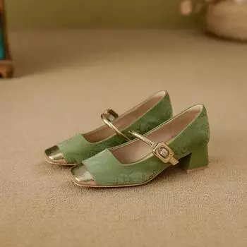 Туфли на высоком каблуке женские 2024 года, кожаные, мягкие, с цветными блоками, одинарные туфли женские, модные женские туфли на каблуках, туфли на высоком каблуке в стиле ретро для женщин 35 зелёный