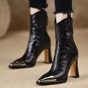 High Heels Women Ankle Boots Sexy Pointed Toe Leather Shoes Women Trend Snow Boots Party Pumps Dress Mujer Elegant Chelsea Boots 35 чёрный