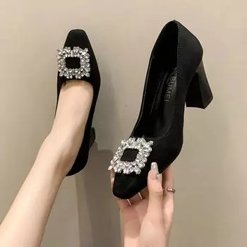 High Heels Women Autumn Spring Versatile Coarse Heels Mid Square Buckle Small Fragrance Style Light Pocket Single Shoes 35 чёрный