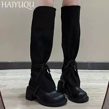 High Heels Women High Boots Designer Chunky Knee High Shoes Woman 2025 Trend New Goth Pumps Motorcycle Boots Winter Mujer Botas 35 чёрный