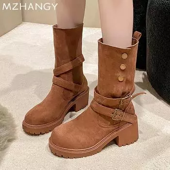 High Heels Women Mid Calf Chelsea Boots Fashion Plush Shoes Woman 2025 Trend Winter Goth Pumps Warm Mujer Snow Motorcycle Boots 35