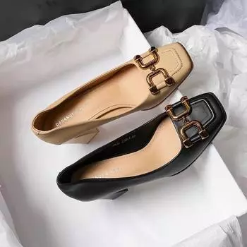 High heels women s 2024 spring new square head thick heel light mouth fashion metal buckle not tired feet black professional single shoes 34