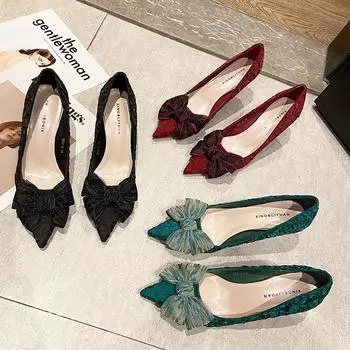 High heels women s 2025 spring new Korean version shallow mouth single shoes stiletto pointed bow women s shoes foreign trade 35 зелёный