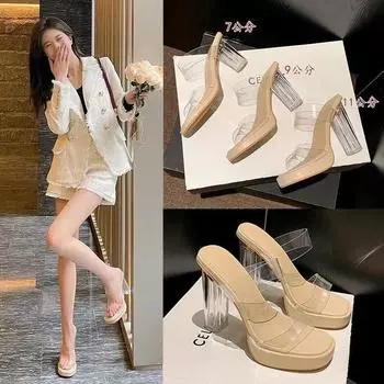 High heels women s 2025 summer new waterproof table one-word belt not tired feet thick heel crystal slippers women s sandals women s shoes 35